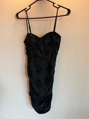 Privy Black Velvet Floral Burnout Mesh Ruched Corset Bodycon Dress Small